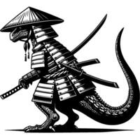 Samurai warrior in armor tyrannosaurus stands in fighting stance with katana sword in monochrome. Wild dinosaur animal. Tattoo minimalistic in black ink drawing on white background vector