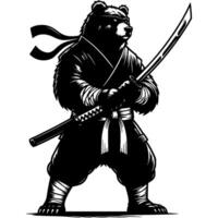 Ninja fighter grizzly armed with katana sword in fighting stance in monochrome. Wild bear animal warrior. Tattoo minimalistic in black ink drawing on white background vector