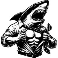 Boss shark rips shirt at chest in rage in monochrome. Wild shark predator animal in human form roars in madness. Tattoo minimalistic in black ink drawing on white background vector