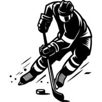 Hockey player maneuvers on ice rink, feints with stick and puck in monochrome. Simple minimalistic in black ink drawing on white background vector