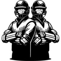 Cricket players in protective gear stand back to back with their arms crossed confidently in monochrome. Simple minimalistic in black ink drawing on white background vector