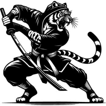 Wildcat Ninja master in katana sword attacking position in monochrome. Tiger fighter of secret clan animal roars. Tattoo minimalistic in black ink drawing on white background vector