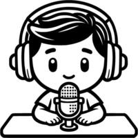 Radio presenter sits at studio microphone at workplace in monochrome. Simple minimalistic in black ink drawing on white background vector