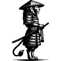 Samurai warrior in armor lion stands in fighting stance with katana sword in monochrome. Wild leo animal. Tattoo minimalistic in black ink drawing on white background vector