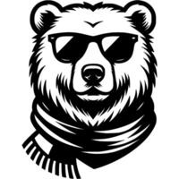 Head muzzle of white polar bear wearing sunglasses and fashionable scarf in monochrome. Simple minimalistic in black ink drawing on white background vector