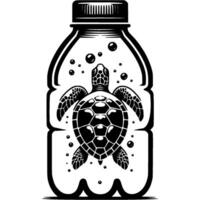 Sea turtle inside plastic bottle. Problem of ocean and environmental pollution in monochrome. Simple minimalistic in black ink drawing on white background vector