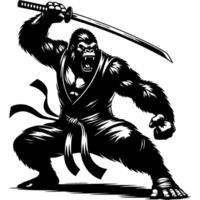 Ninja master gorilla in katana sword attacking position in monochrome. Orangutan fighter of secret clan animal roars. Tattoo minimalistic in black ink drawing on white background vector