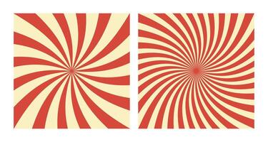Set of Two Abstract Red Spiral Patterns on Beige Background. Square Posters with Red Groovy Hypnotic Swirls, Retro Inspired Grunge Sun Bursts vector