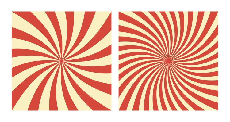 Set of Two Abstract Red Spiral Patterns on Beige Background. Square Posters with Red Groovy Hypnotic Swirls, Retro Inspired Grunge Sun Bursts
