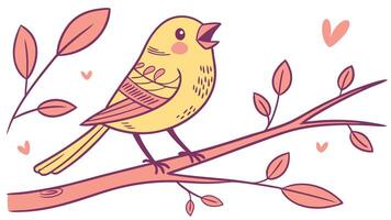 A cartoon bird sitting on a branch with hearts vector