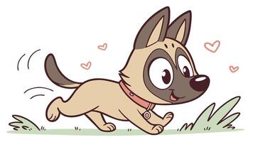A cartoon dog running with hearts in the background vector
