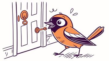 A cartoon bird is standing in front of a door vector
