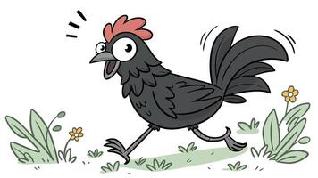 A cartoon black chicken running in the grass vector