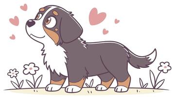 A cartoon dog standing in the grass with hearts around it vector