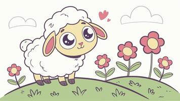 Cartoon sheep with flowers and hearts in the background vector