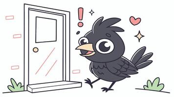 A cartoon black bird standing in front of a door vector