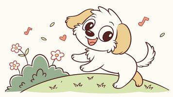 A cartoon dog running around in the grass with flowers and music notes vector