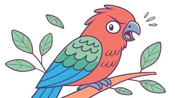 A cartoon bird sitting on a branch with leaves vector