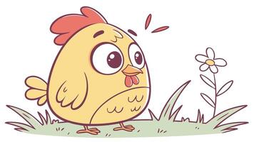 Cartoon chicken with flower in grass vector