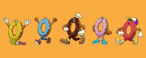 Set of Donut Junk Food Cartoon Character in Retro 70s Illustration vector