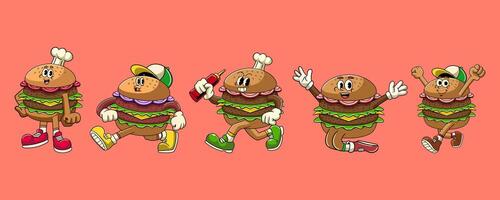 Set of Burger Junk Food Cartoon Character in Retro 70s Illustration vector