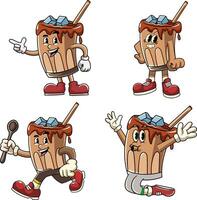 Set of Ice Coffee Cartoon Character in Retro 70s Illustration vector
