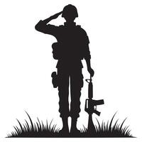 Silhouette of a Saluting Soldier with Rifle and Grass vector