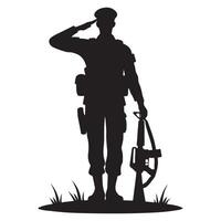 Silhouette of a Soldier Saluting with Rifle at Ground Level vector
