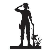 Silhouette of a Female Soldier Saluting with Rifle and Grass vector