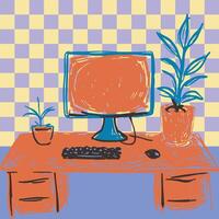 computer workspace with checkered wall illustration in bold pop art and sketchy hand drawing style vector