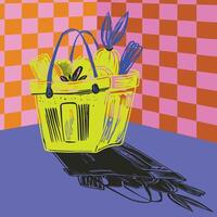 Grocery cart illustration with checkered background in bold pop art hand drawn style vector