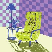Arm chair with wall checkered wall background illustration with hand drawn and bold pop art style vector