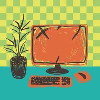 computer workspace with checkered wall illustration in bold pop art and sketchy hand drawing style vector