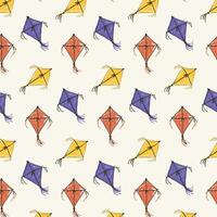 Seamless pattern of kites with different colors and tails in hand drawn style vector
