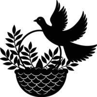 A black and white silhouette of a bird with leaves in a basket vector