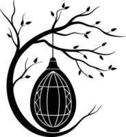 A black and white silhouette of a tree with a lantern hanging from it vector