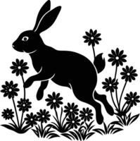 Black and white silhouette of a rabbit running through flowers vector