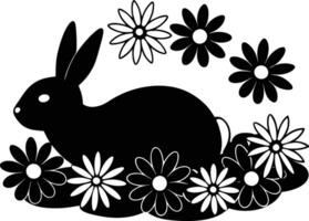 Black and white silhouette of a rabbit with flowers vector