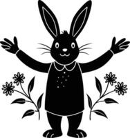 Black and white silhouette of a rabbit with flowers vector