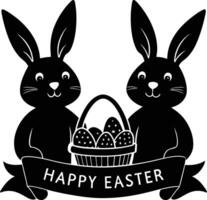 Two black rabbits with baskets of eggs and a ribbon vector