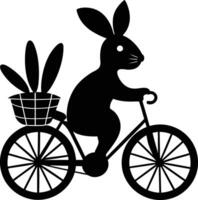 A black and white silhouette of a rabbit riding a bicycle vector