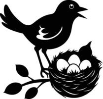 Black and white bird with eggs in nest vector