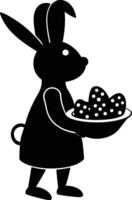 Black and white silhouette of a rabbit holding a plate with eggs vector