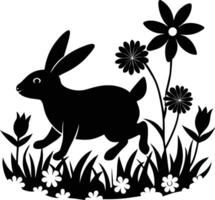 Black and white silhouette of a rabbit in the grass vector