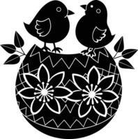 Two birds sitting on a flower pot in a black and white design vector