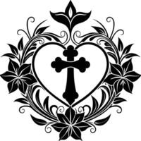 A heart with a cross and flowers in the middle vector
