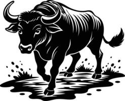 The bull is black and white and has a large horn vector