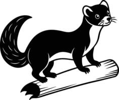 A black and white illustration of a weasel on a log vector