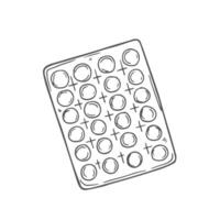 Blister with pills. illustration. Sketch. Contour on an isolated background. Doodle style. The drug is sold without a prescription. Dosage form for the treatment of the disease. Medical topics. vector