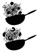 Silhouette of a Chef Cooking Chinese Noodles in a Wok vector